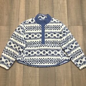 VS PINK Jacket Womens Size XL Blue Sherpa Fair Isle Plush Teddy Snap Pullover